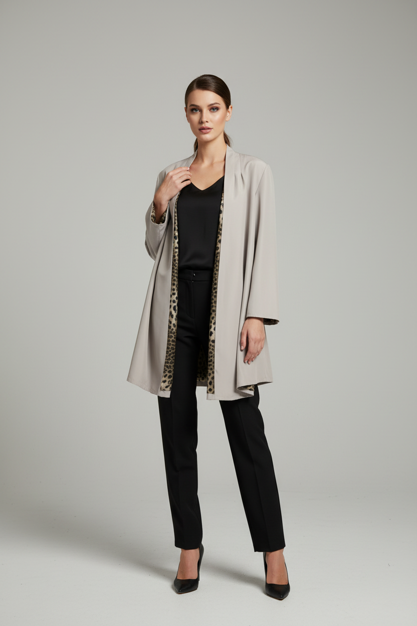 Mannequin femme M-L avec blazer long gris au genou