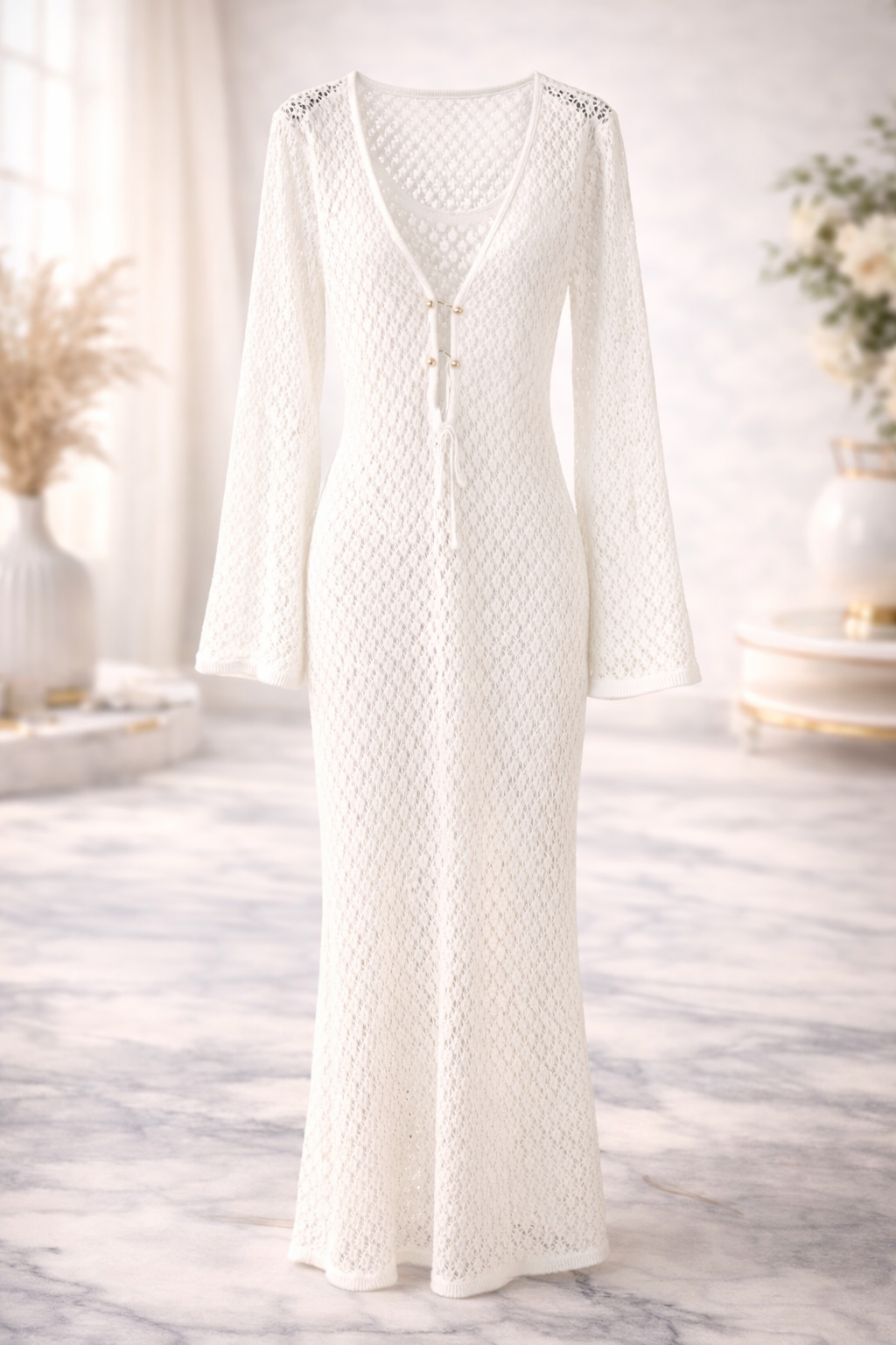 Robe longue blanche crochet ajouré